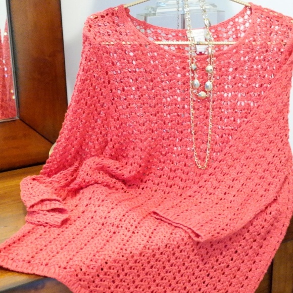 Chico's Sweaters - Chico's Open-Knit Tunic Sweater Pink Coral Large